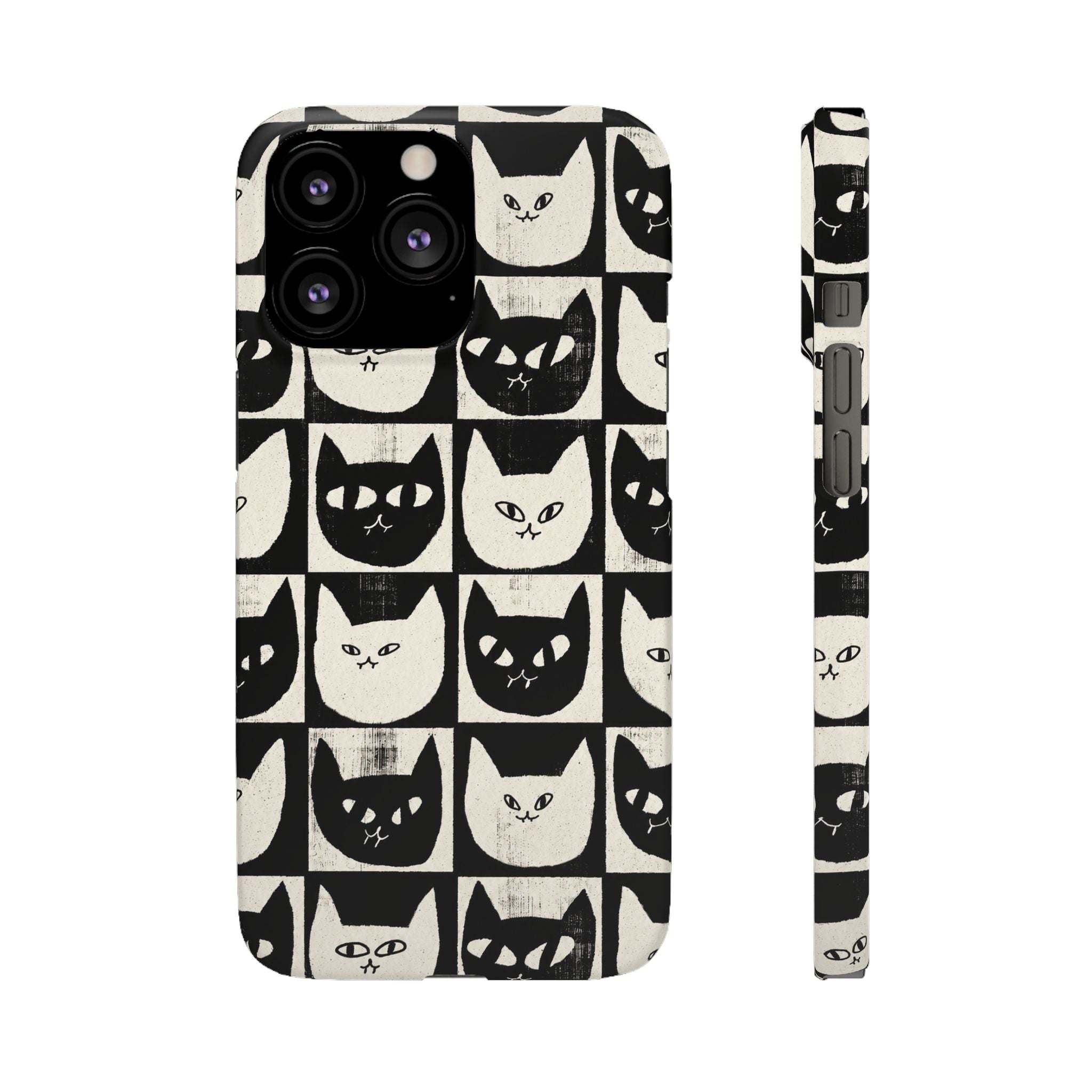 Midnight Cat Grid – Black & White Minimal Cat Phone Case