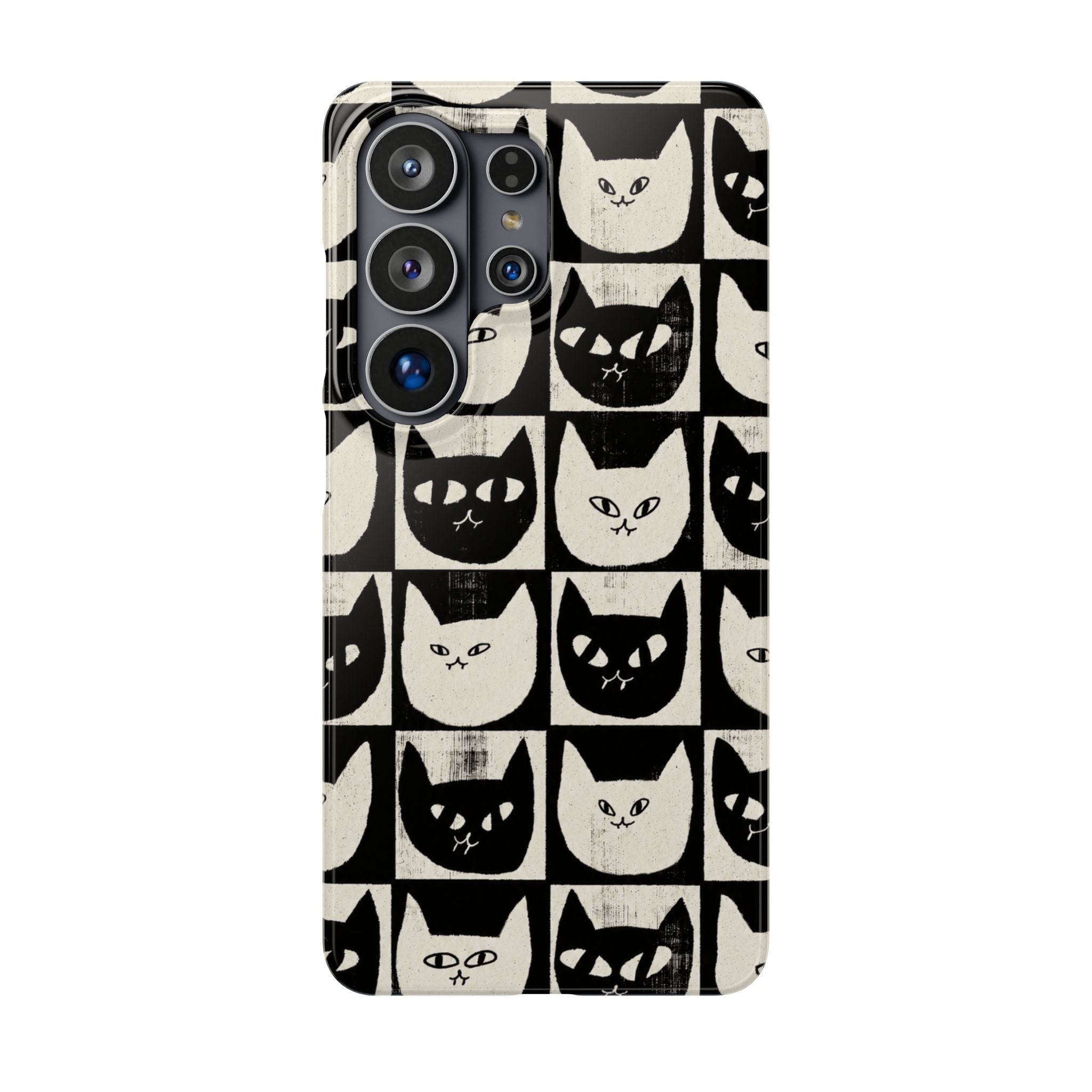 Midnight Cat Grid – Black & White Minimal Cat Phone Case