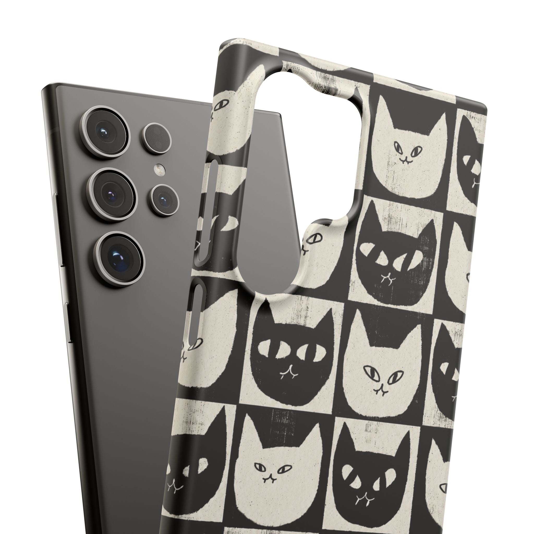 Midnight Cat Grid – Black & White Minimal Cat Phone Case