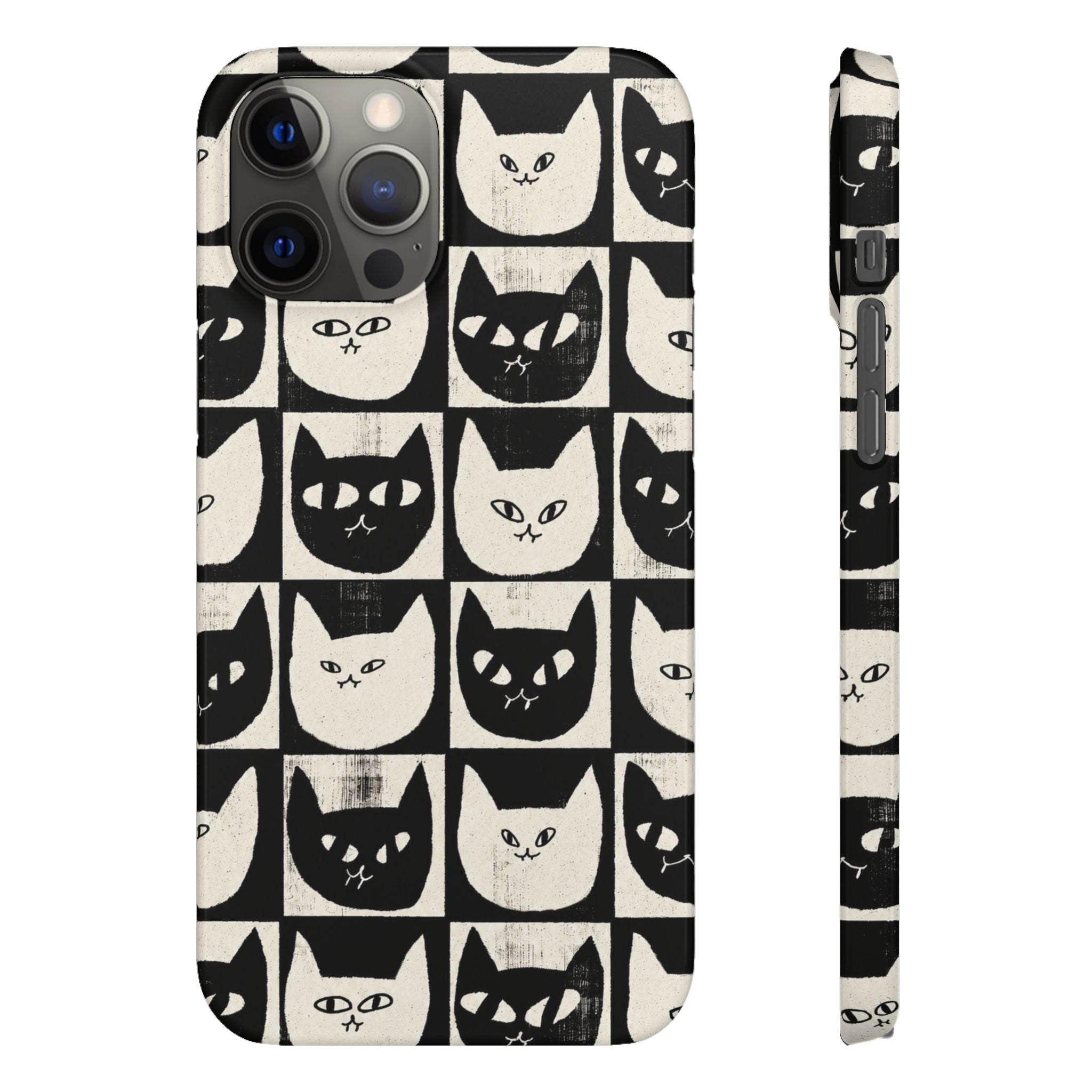 Midnight Cat Grid – Black & White Minimal Cat Phone Case