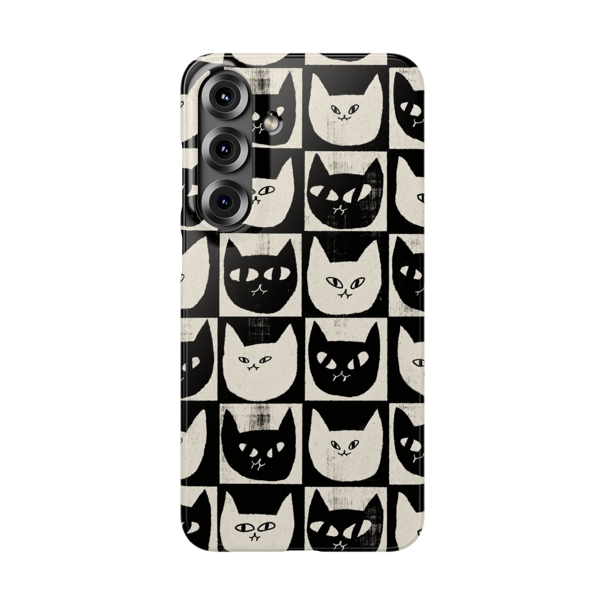 Midnight Cat Grid – Black & White Minimal Cat Phone Case
