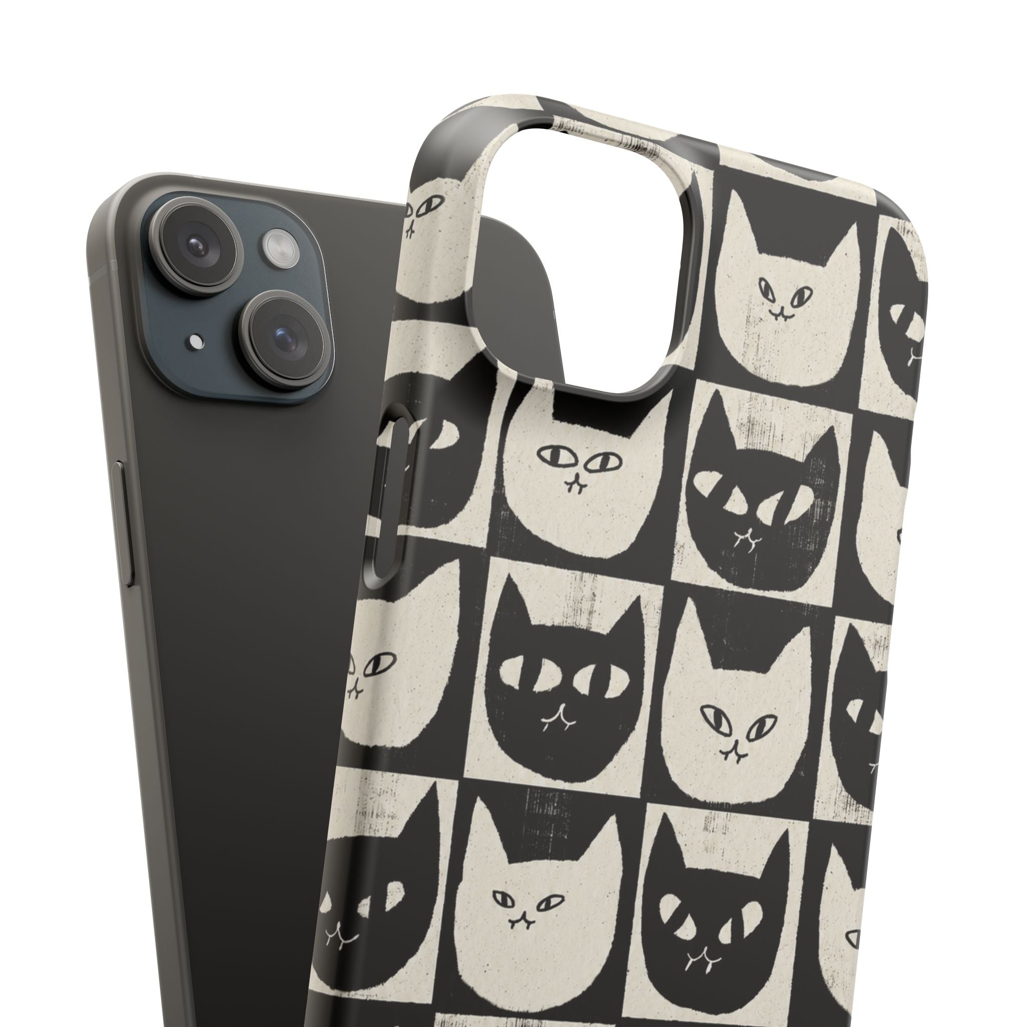 Midnight Cat Grid – Black & White Minimal Cat Phone Case
