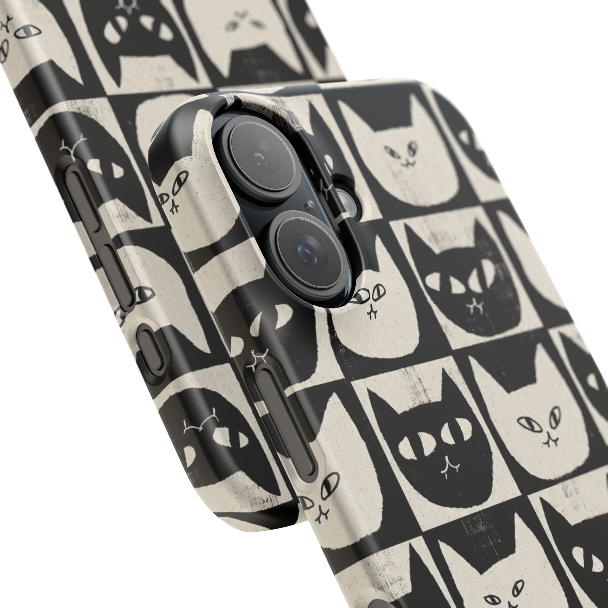 Midnight Cat Grid – Black & White Minimal Cat Phone Case