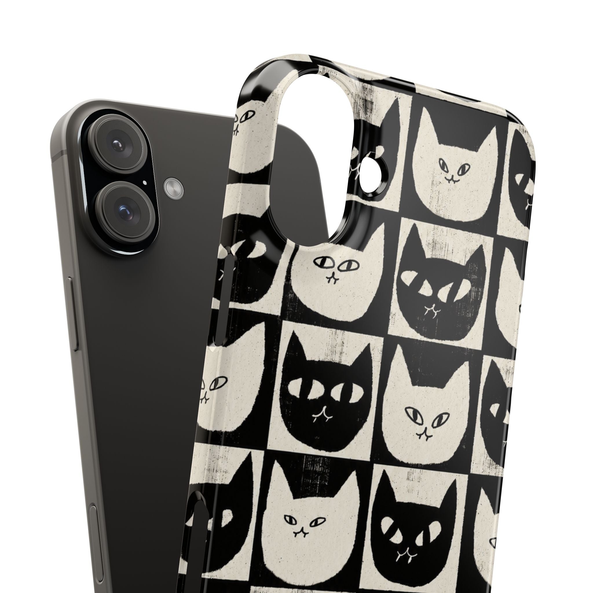 Midnight Cat Grid – Black & White Minimal Cat Phone Case