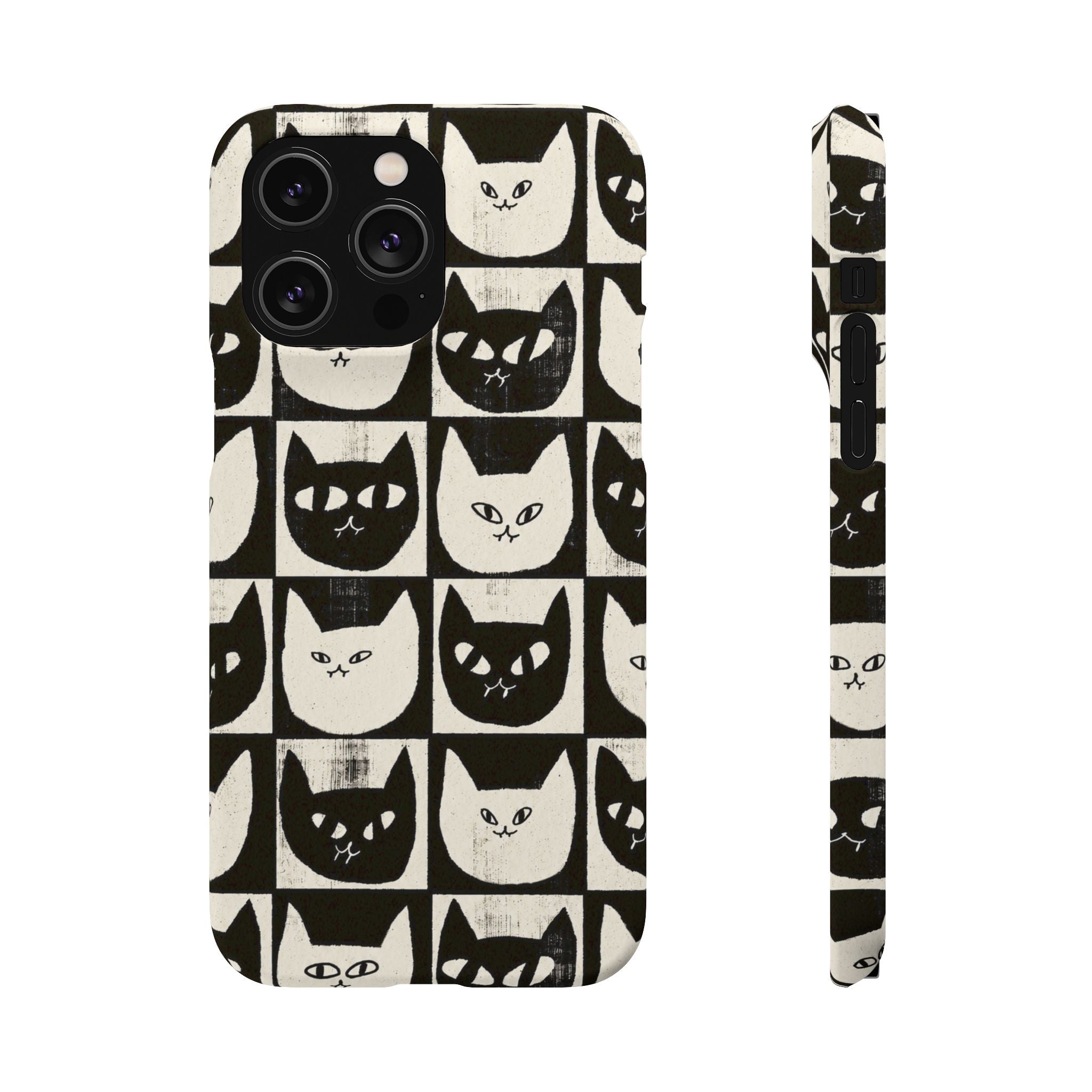 Midnight Cat Grid – Black & White Minimal Cat Phone Case