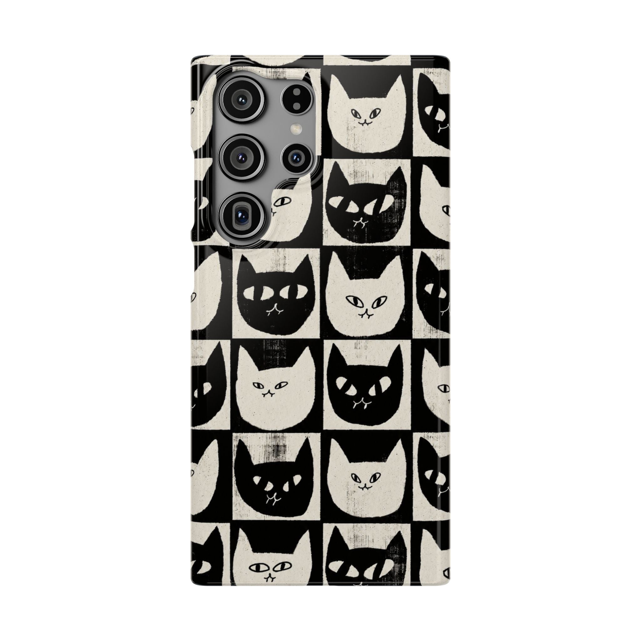 Midnight Cat Grid – Black & White Minimal Cat Phone Case