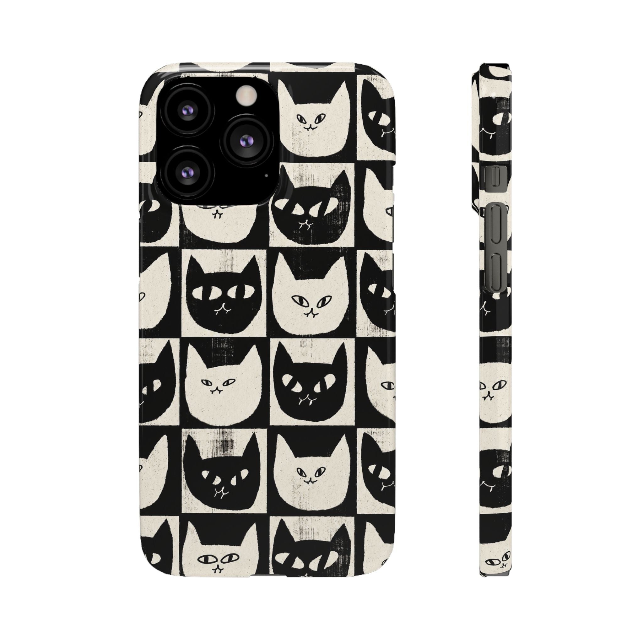 Midnight Cat Grid – Black & White Minimal Cat Phone Case