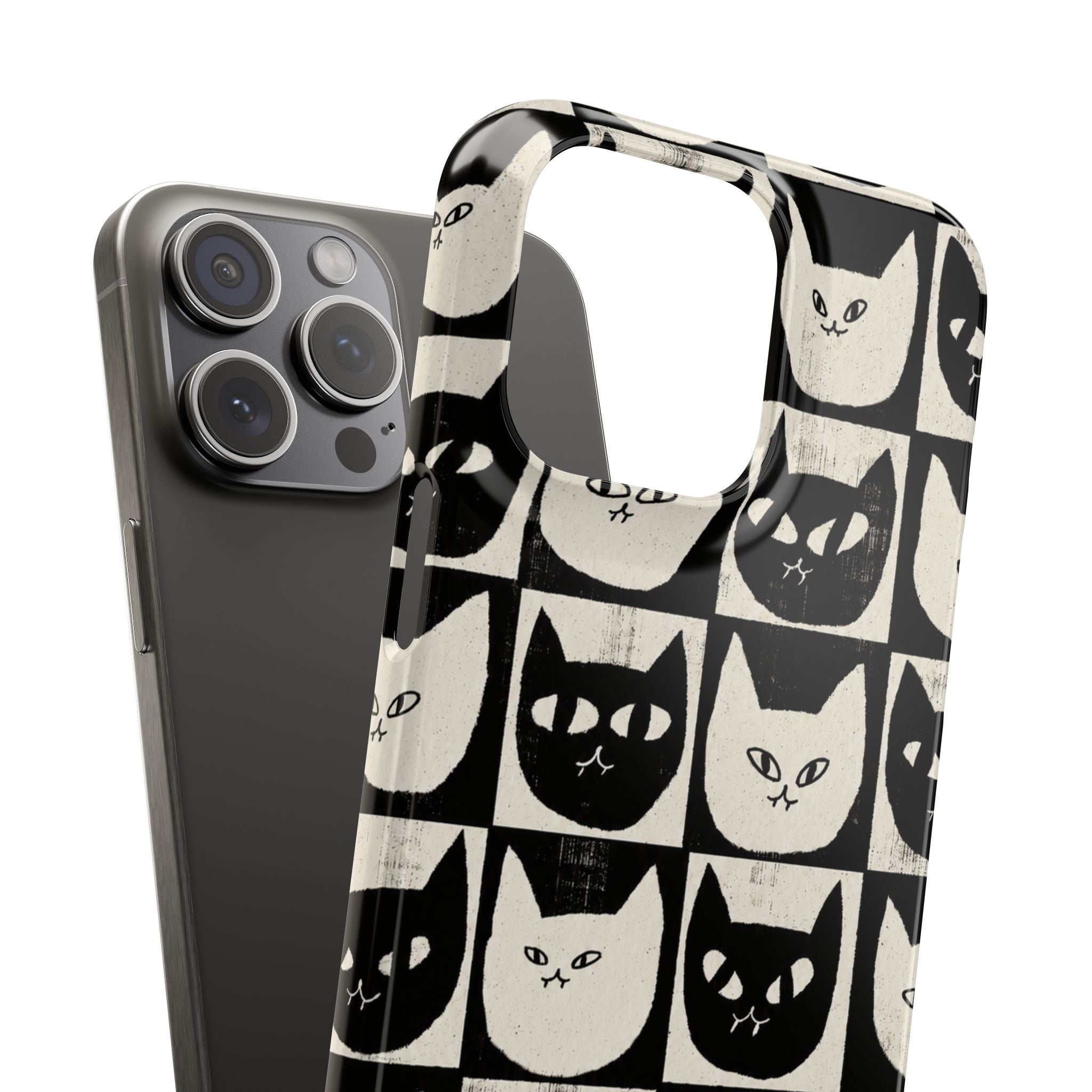 Midnight Cat Grid – Black & White Minimal Cat Phone Case