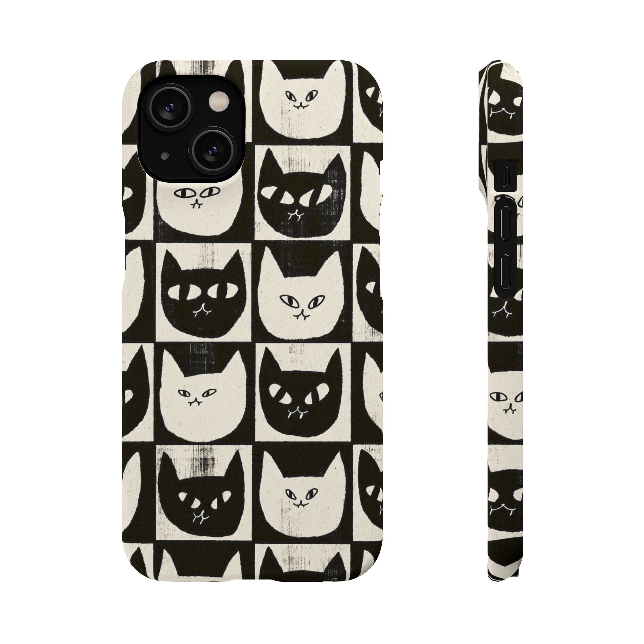 Midnight Cat Grid – Black & White Minimal Cat Phone Case