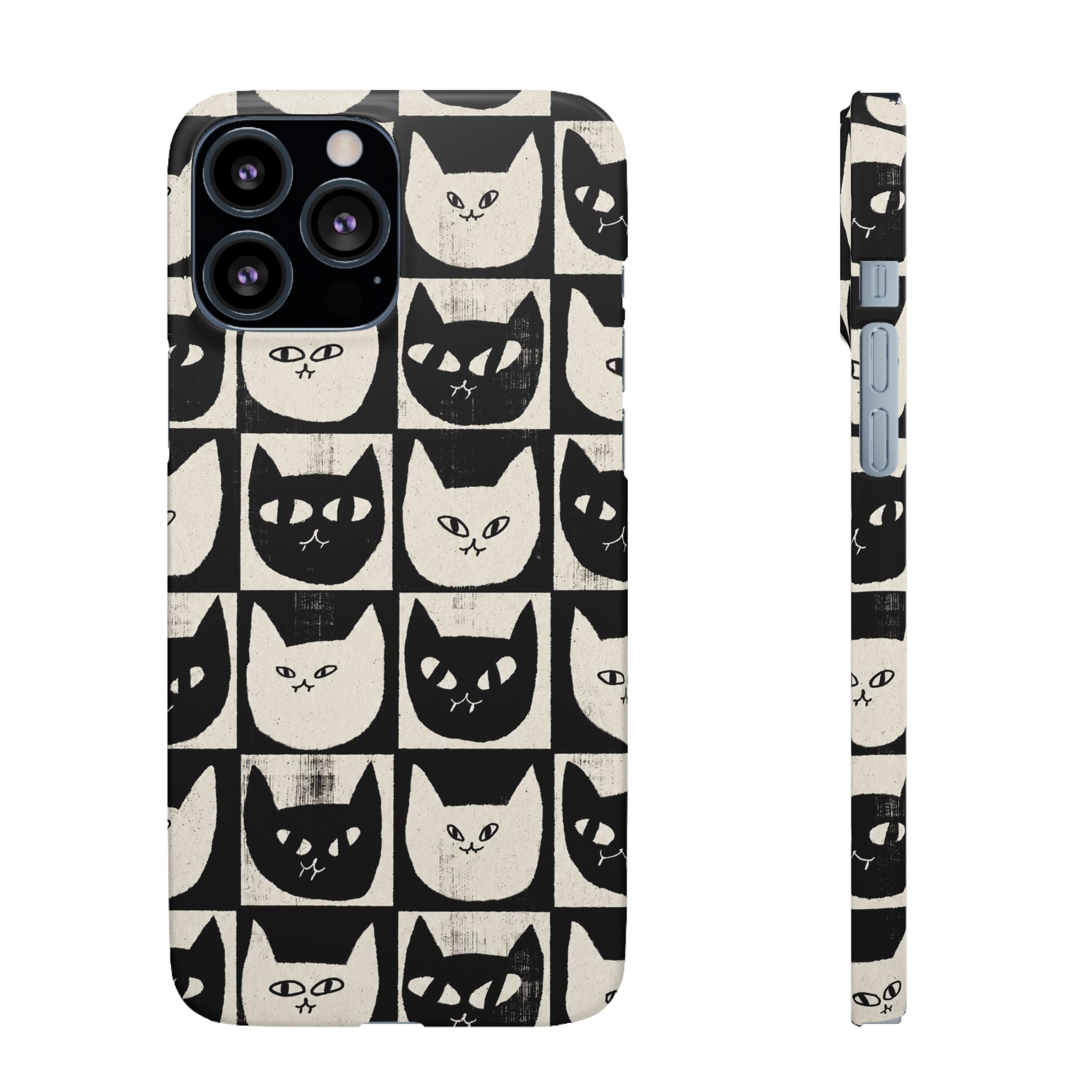 Midnight Cat Grid – Black & White Minimal Cat Phone Case