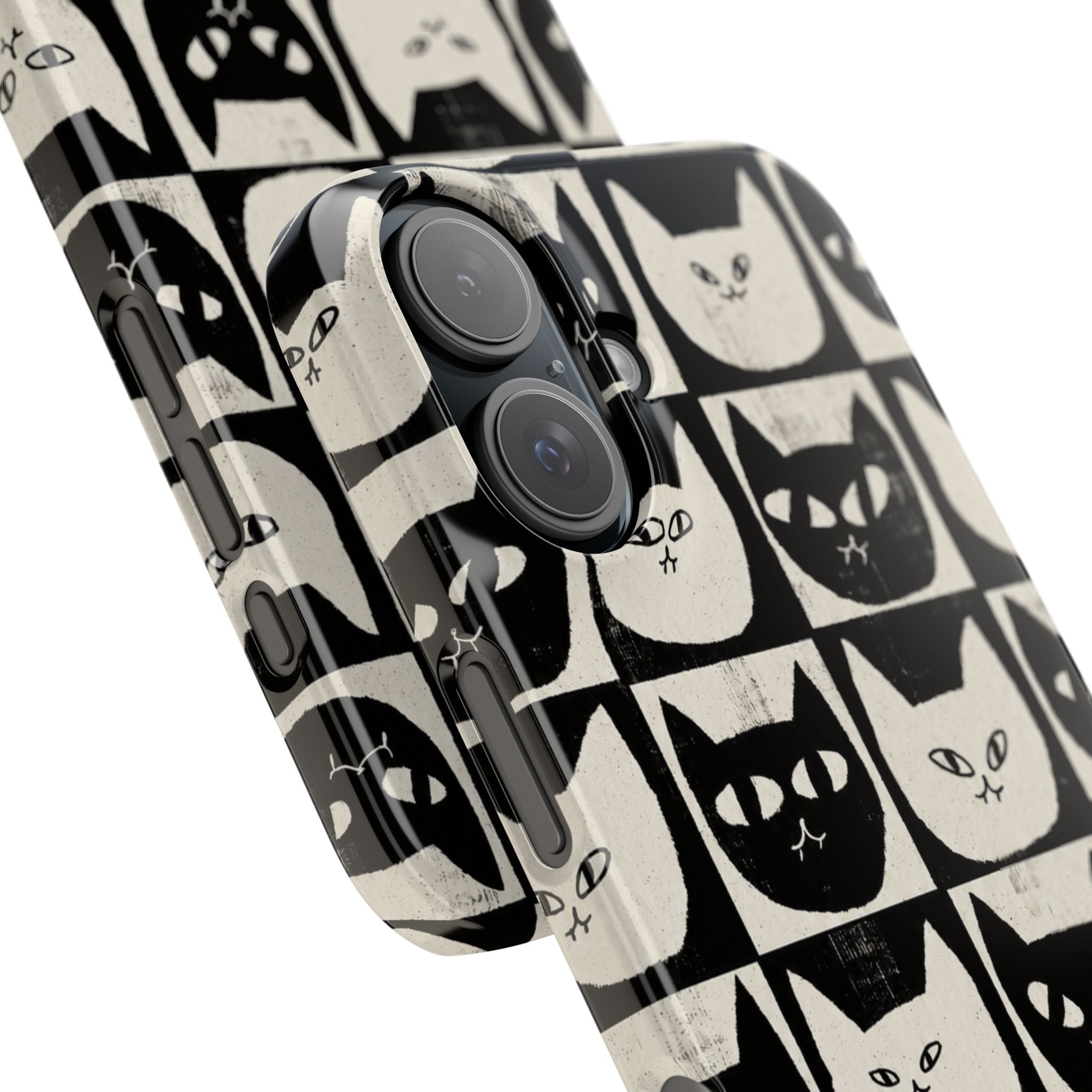 Midnight Cat Grid – Black & White Minimal Cat Phone Case