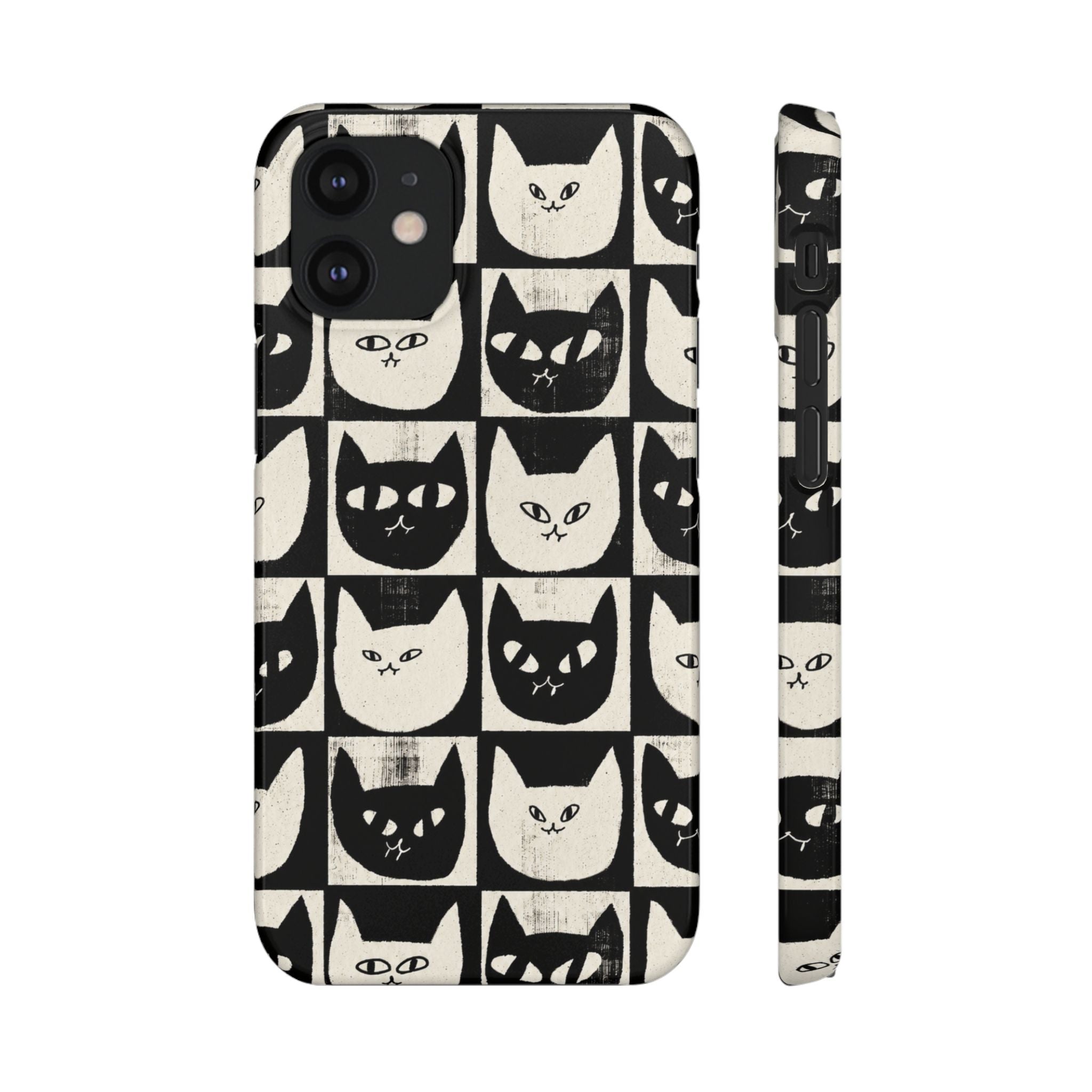 Midnight Cat Grid – Black & White Minimal Cat Phone Case