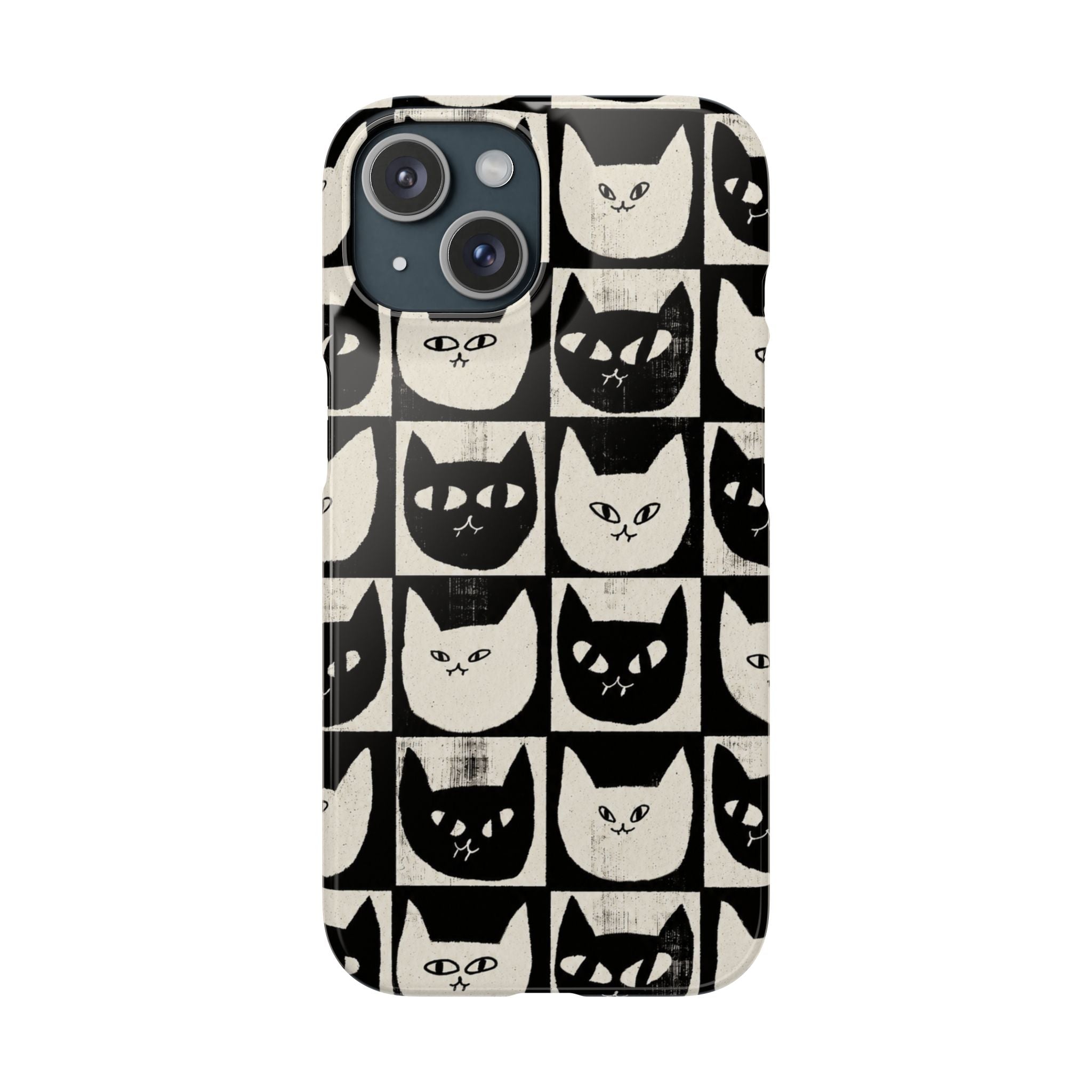 Midnight Cat Grid – Black & White Minimal Cat Phone Case