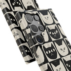 Midnight Cat Grid – Black & White Minimal Cat Phone Case