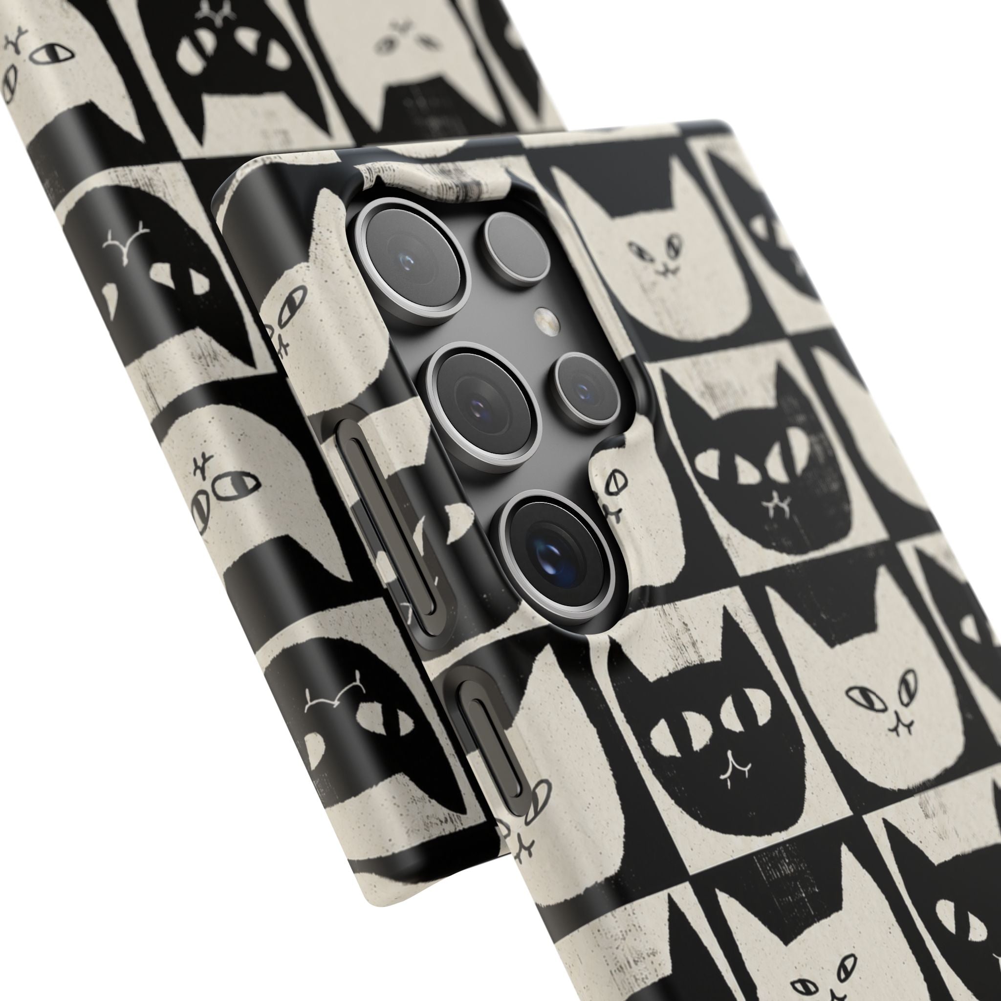 Midnight Cat Grid – Black & White Minimal Cat Phone Case