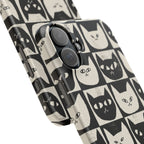 Midnight Cat Grid – Black & White Minimal Cat Phone Case