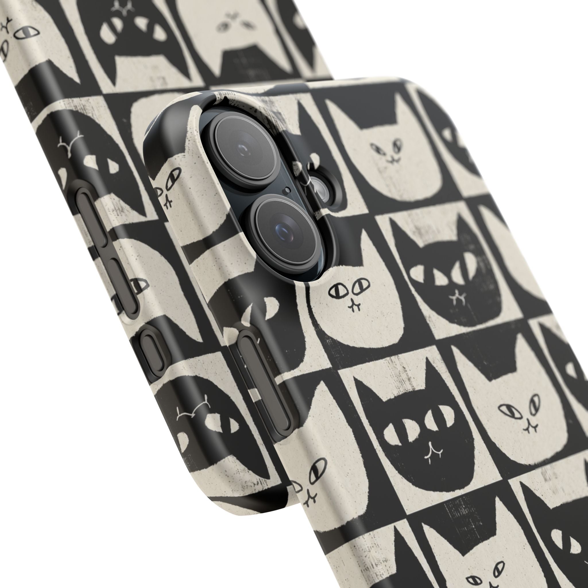 Midnight Cat Grid – Black & White Minimal Cat Phone Case