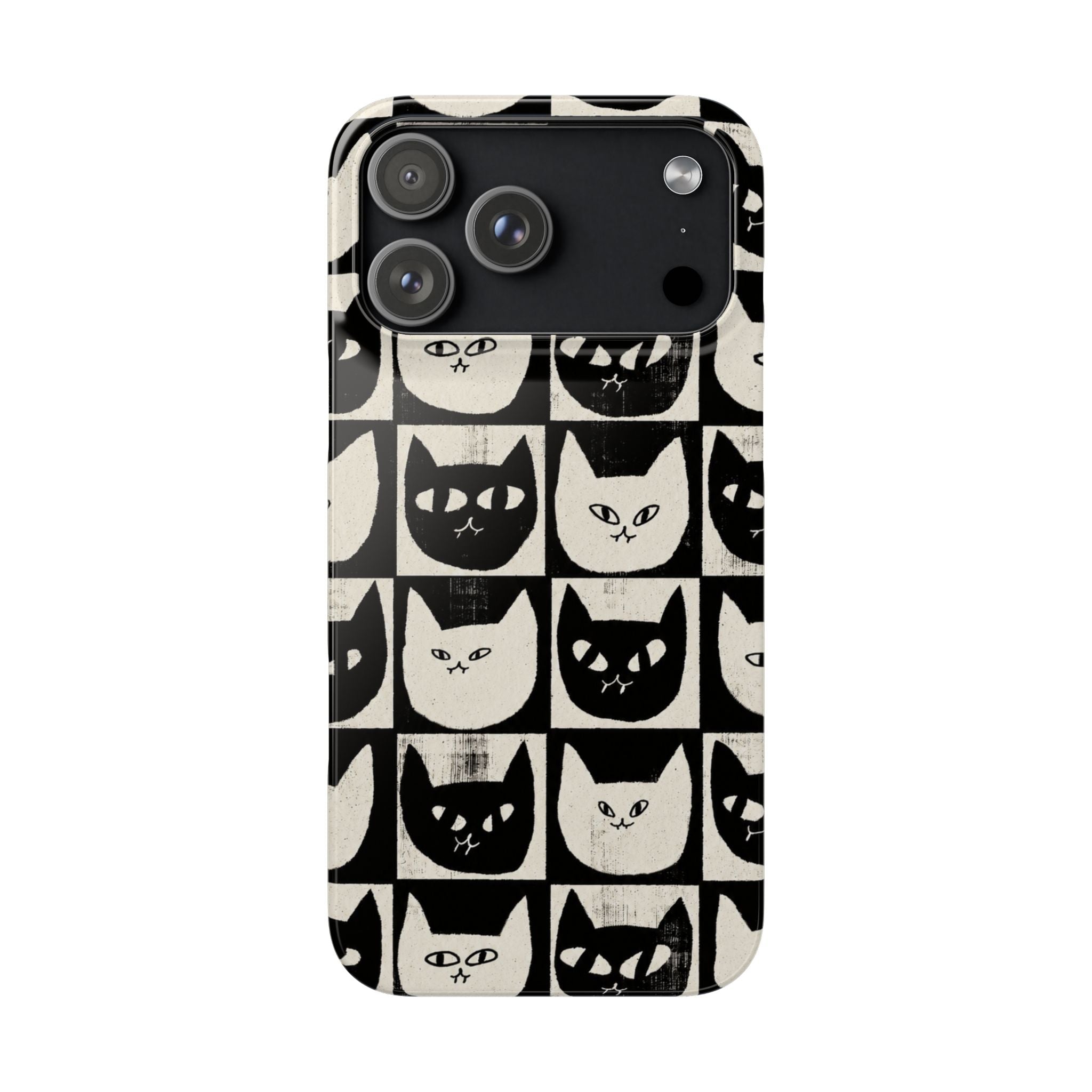 Midnight Cat Grid – Black & White Minimal Cat Phone Case