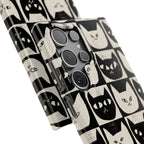 Midnight Cat Grid – Black & White Minimal Cat Phone Case