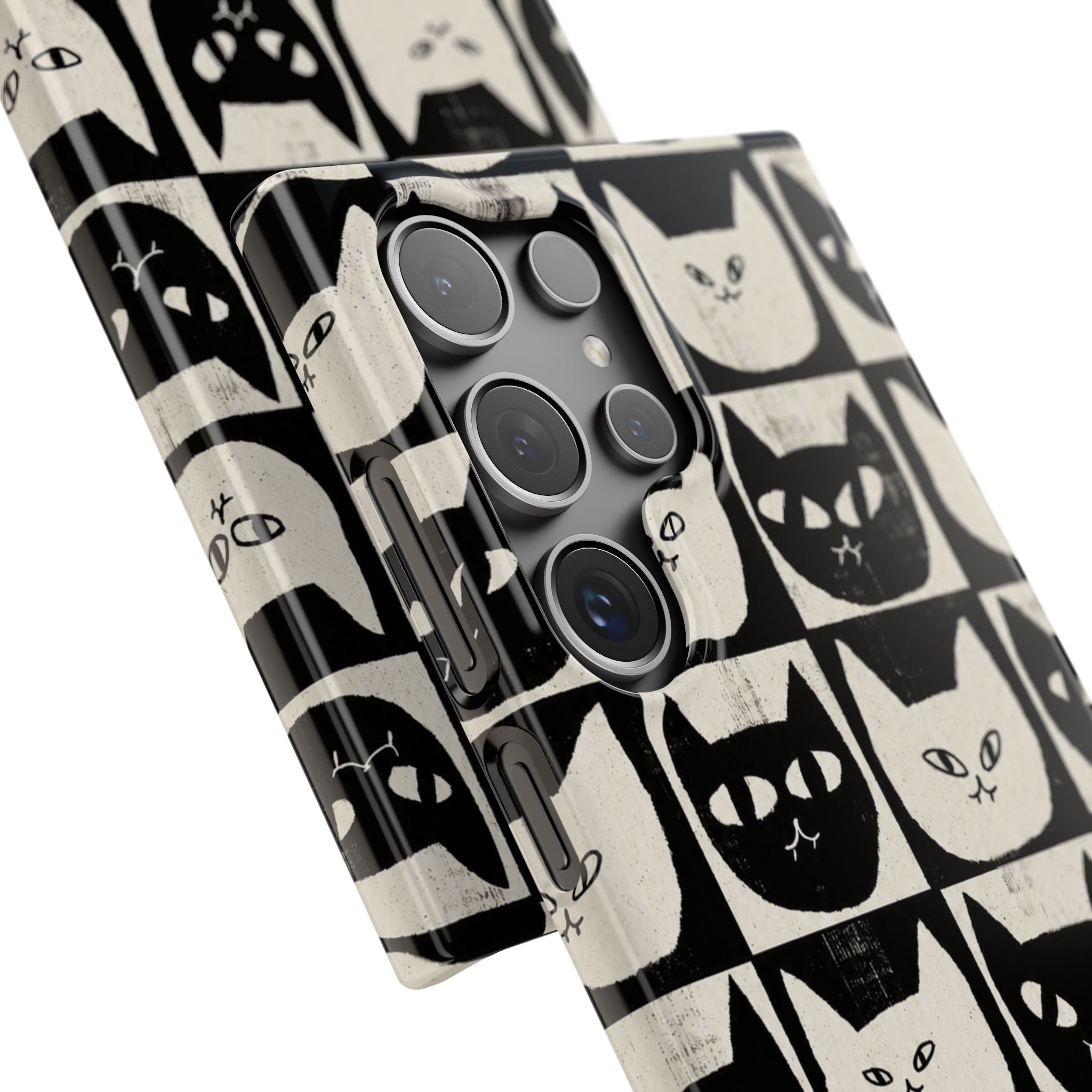 Midnight Cat Grid – Black & White Minimal Cat Phone Case